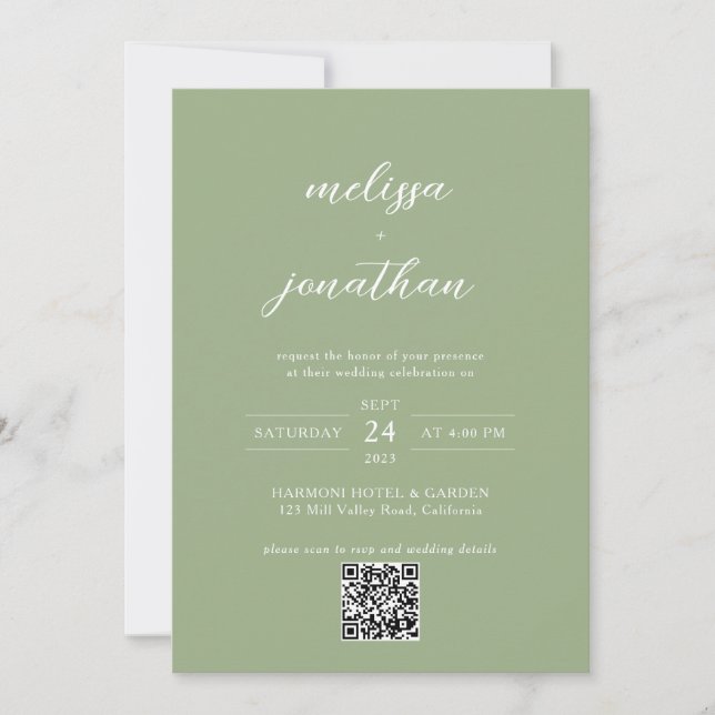 Convite Classic Sage Green Photo Monogram QR Code Wedding (Frente)