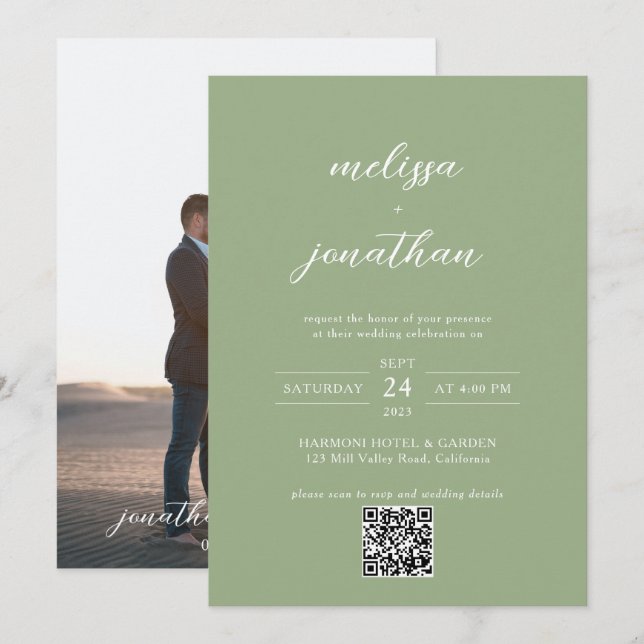 Convite Classic Sage Green Photo Script QR Code Wedding (Frente/Verso)