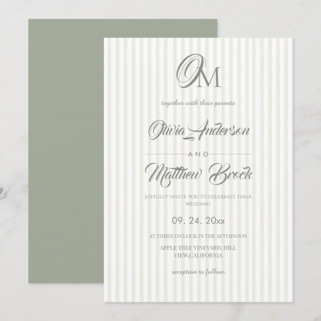 Convite Classic Sage Green Stripe Wedding (Frente/Verso)