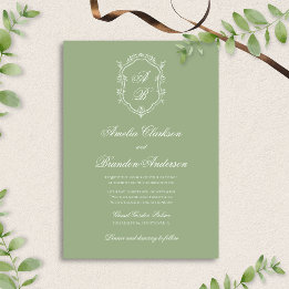 Convite Classic Sage Green & White Monogram Crest Wedding