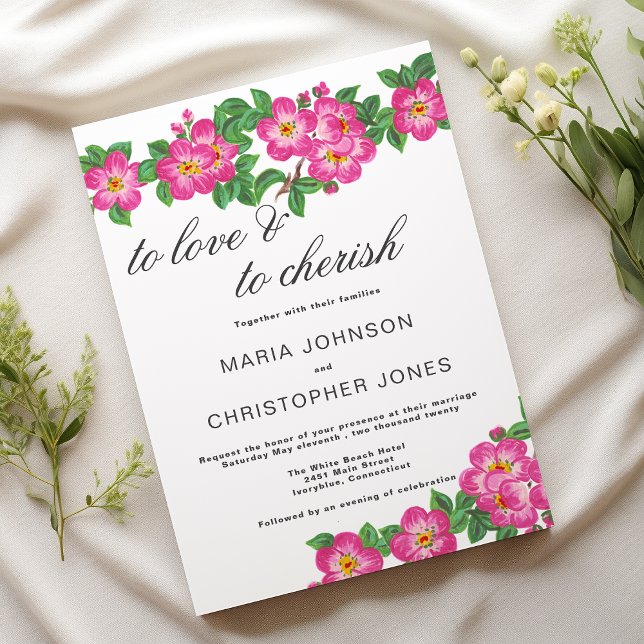 Convite Classic script bright pink green floral wedding (Classic script bright pink green floral wedding)