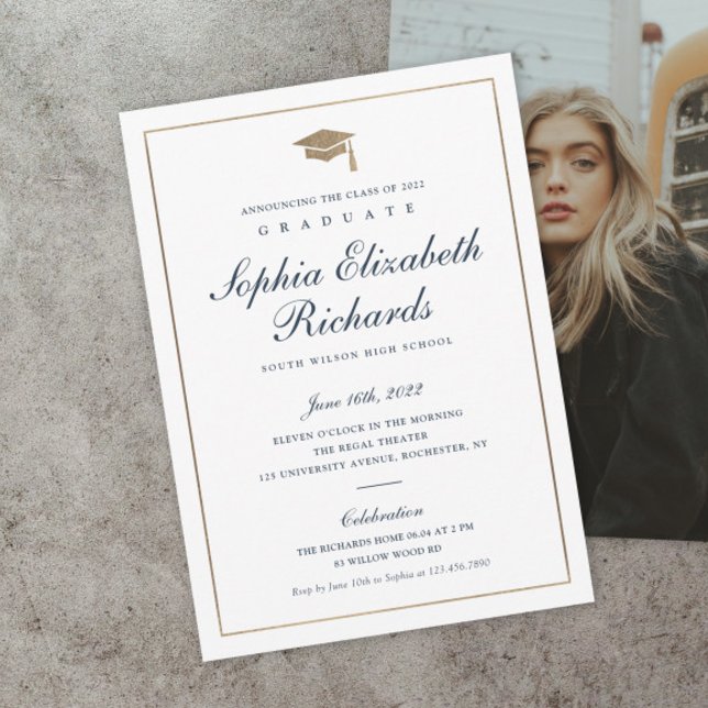 Convite Classic Script Gold Photo Graduation Invitation (Classic navy blue and gold script formal photo graduation invitations.)