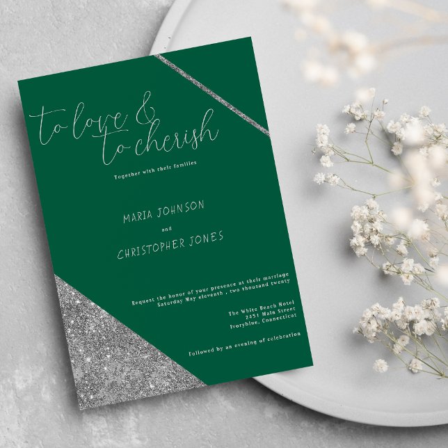 Convite Classic script silver glitter jade green wedding (Classic script silver glitter jade green wedding)
