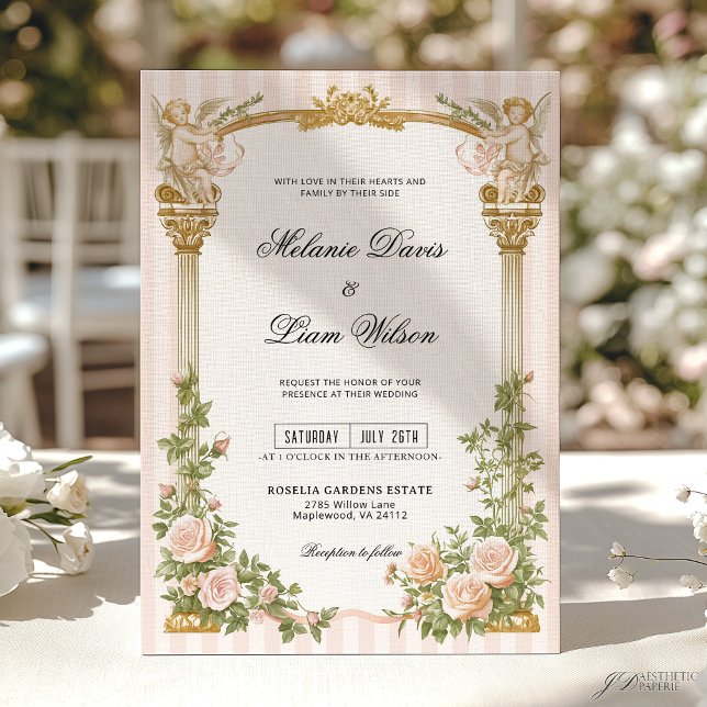 Convite Classic Stripe & Blush Pink Floral Cherub Wedding (Criador carregado)
