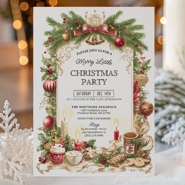 Convite Classic Stripe Red Bow Christmas Party Invitation (Criador carregado)