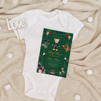 Convite Classic Stripe Rustic Plaid Teddy Bear Baby Shower