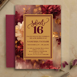 Convite Classic Sweet Sixteen Burgundy Blush Floral Invite