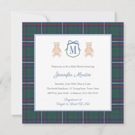 Convite Classic Tartan Teddy Bear Winter Baby Boy Shower