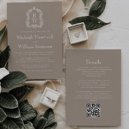 Convite Classic Taupe Monogram Crest QR Code Wedding