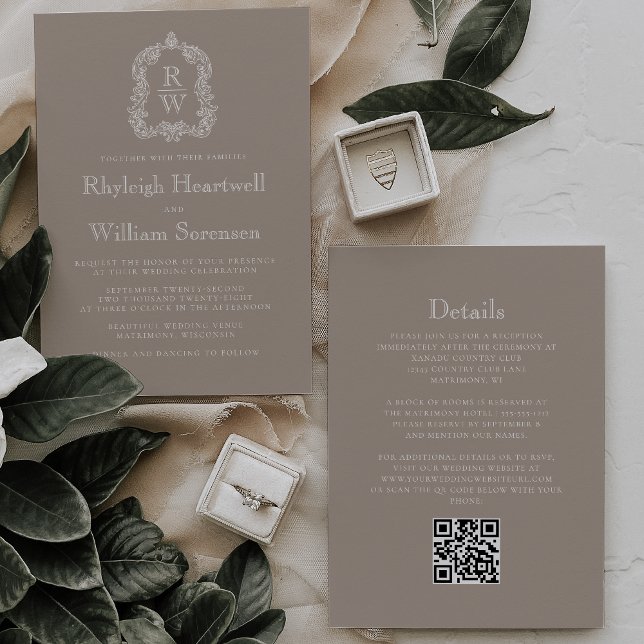 Convite Classic Taupe Monogram Crest QR Code Wedding (Criador carregado)