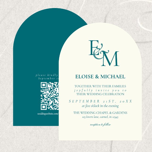Convite Classic Teal Blue Monogram Minimalist Wedding (Classic Teal Blue Monogram Minimalist Wedding Invitation)