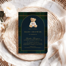 Convite Classic Teddy Bear Green & Blue Plaid Baby Shower