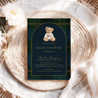 Convite Classic Teddy Bear Green & Blue Plaid Baby Shower