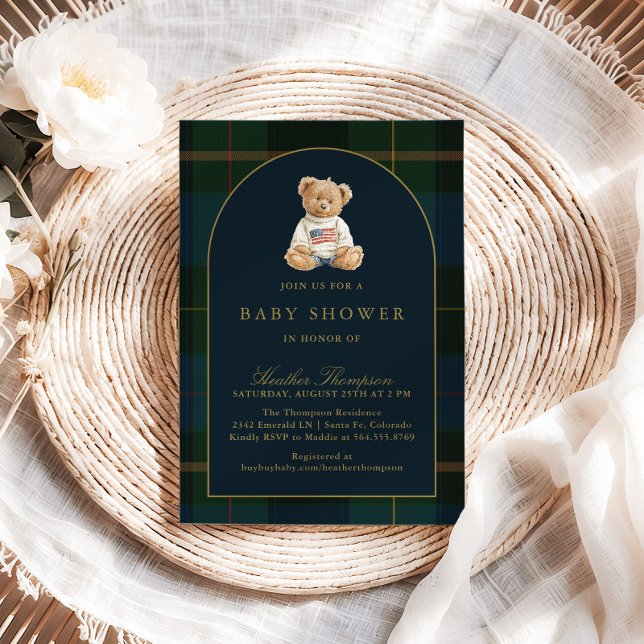 Convite Classic Teddy Bear Green & Blue Plaid Baby Shower (Criador carregado)