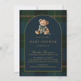 Convite Classic Teddy Bear Green & Blue Plaid Baby Shower
