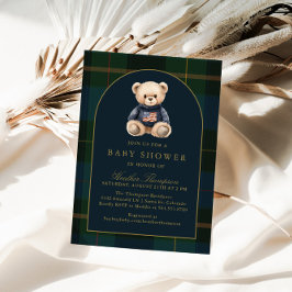 Convite Classic Teddy Bear Green Plaid Baby Shower