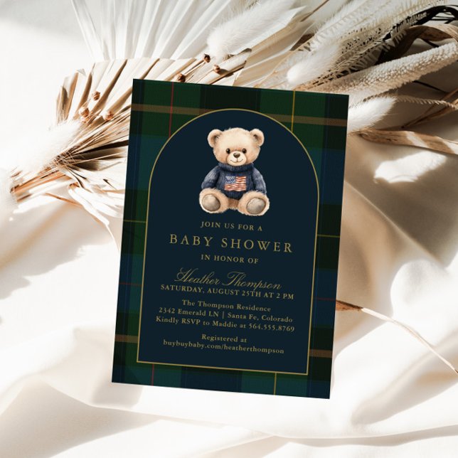 Convite Classic Teddy Bear Green Plaid Baby Shower (Criador carregado)