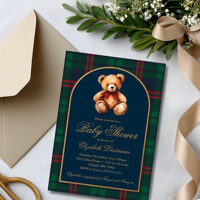 Convite Classic Teddy Bear Navy Plaid Preppy Baby Shower (Classic Teddy Bear Navy Plaid Preppy Baby Shower Invitation)