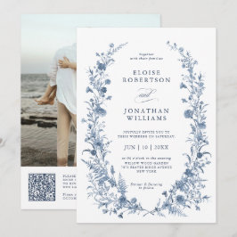 Convite Classic Victorian Blue French QR Code Wedding