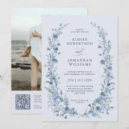 Convite Classic Victorian Blue French QR Code Wedding