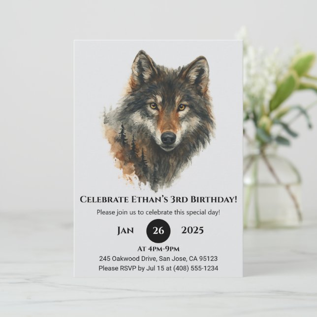 Convite Classic Watercolor Wolf Birthday (Em pé/Frente)