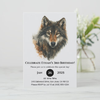 Convite Classic Watercolor Wolf Birthday