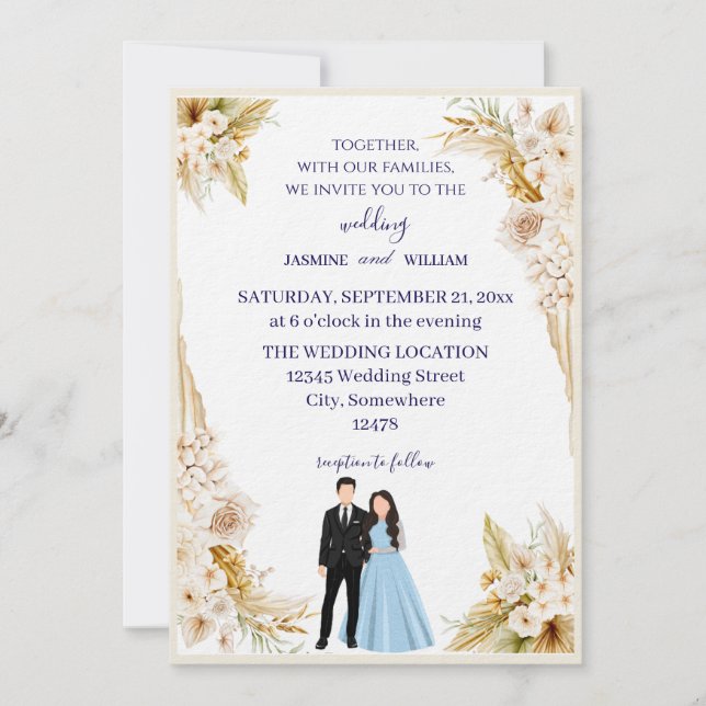 Convite Classic wedding invitation in beige and gold (Frente)