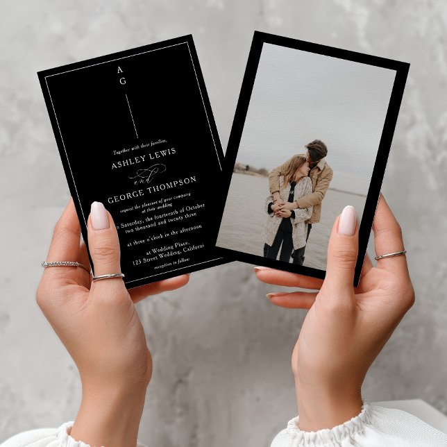 Convite Classic white black photo calligraphy wedding (Classic white black photo calligraphy wedding invitation)