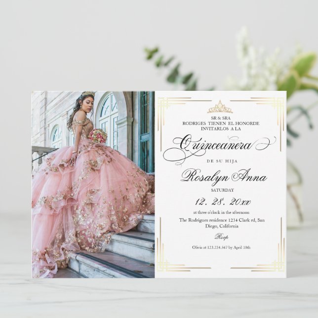 Convite Classic White Gold Script Photo Quinceañera  (Em pé/Frente)