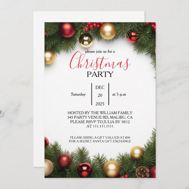 Convite Classic Wreath Family Christmas Party Invitation (Frente/Verso)