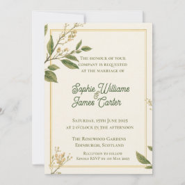 Convite Clássica Botânica Verde Marfim Casamento Personali