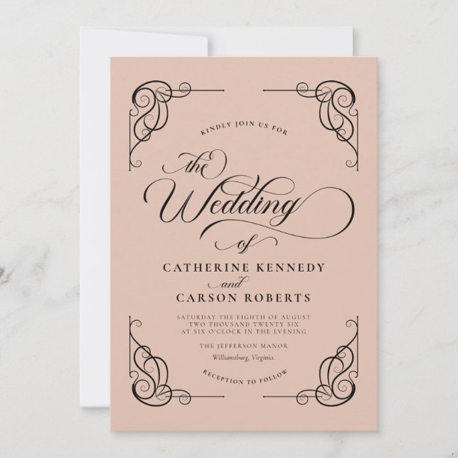 Convite Clássica Clássica Caligrafia Moderna Beige & Black (Frente)