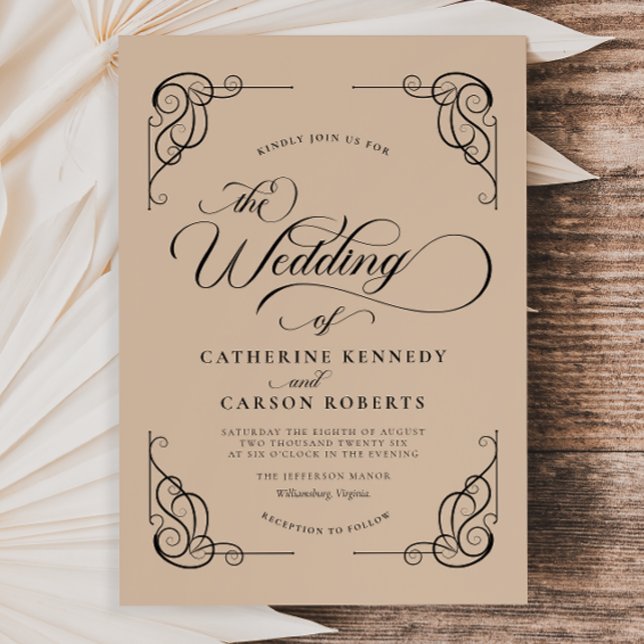 Convite Clássica Clássica Caligrafia Moderna Beige & Black (Criador carregado)