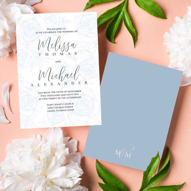 Convite Clássica Elegante Caligrafia Floral Dusty Azul (Elegant wedding invitations with blush floral pattern and taupe back.)