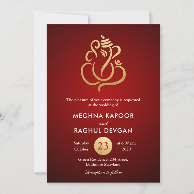 Convite Clássica Faux Gold Foil Ganesha/Casamento Vermelho (Frente)
