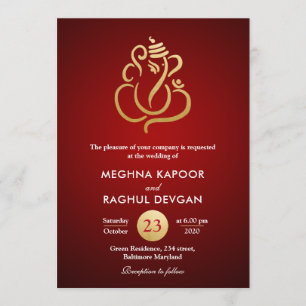 Convite Clássica Faux Gold Foil Ganesha/Casamento Vermelho