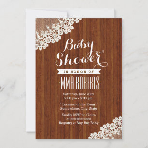 Convite Clássica Lace Corner Wood Baby Shower Invitations