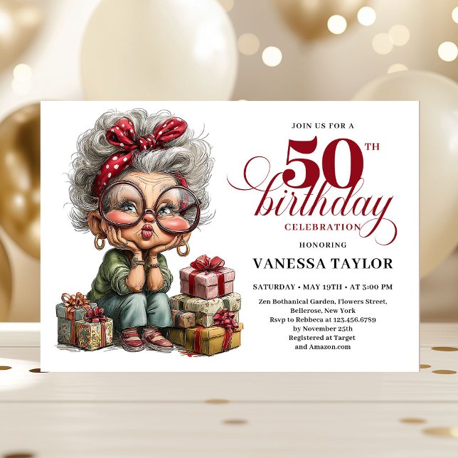 Convite Clássica Mulher Excêntrica Aniversário de 50 anos  (Classic Quirky Woman 50th Birthday Whimsical Invitation)