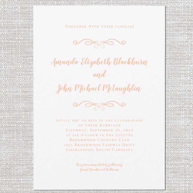 Convite Clássica Peach e White Formal Weding Chic (Classic Elegant Peach & White Formal Wedding Chic Invitation)