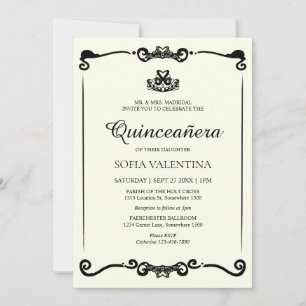 Convite Clássica Preta de Marfim, Tiara Quinceanera
