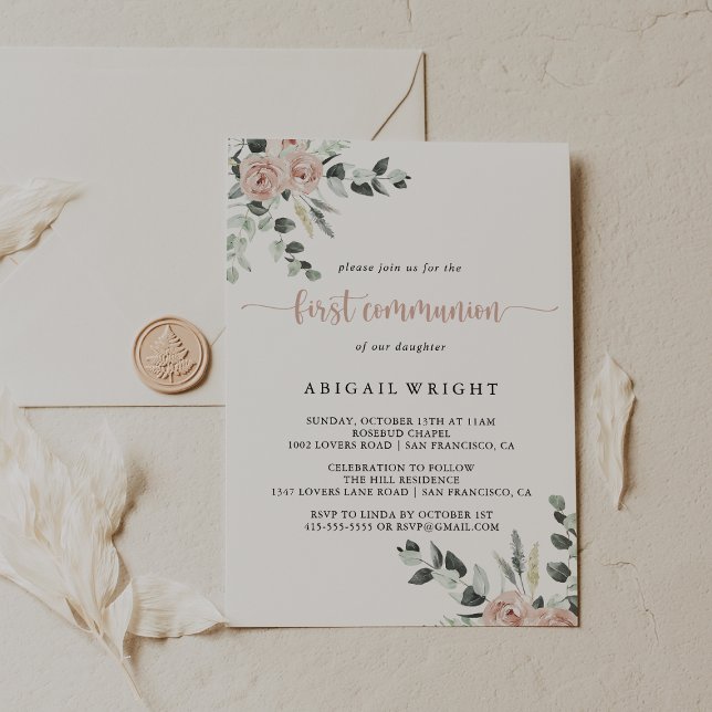 Convite Clássica Rosa Rosa Rosa Rosa Floral Primeira Comun (Criador carregado)