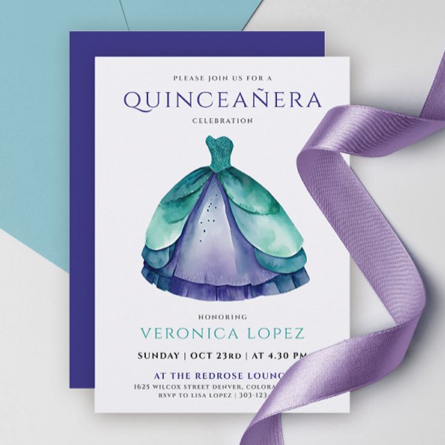 Convite Clássica Roxo Verde Quinceañera Princesa Vestida (Criador carregado)