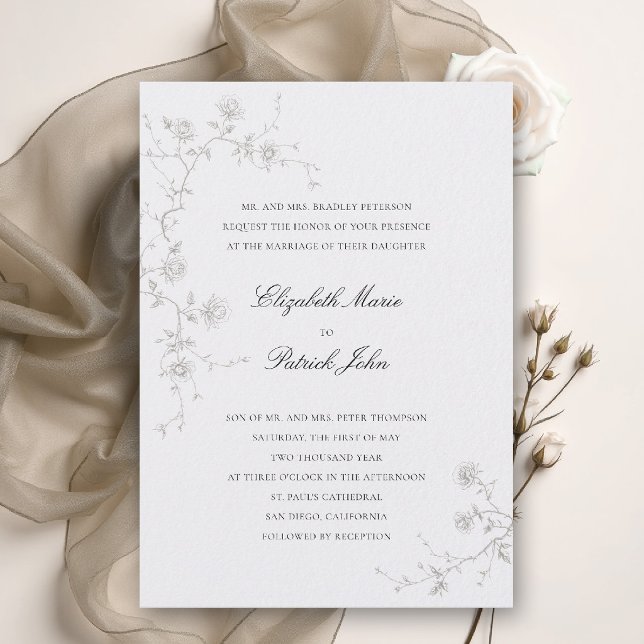 Convite Clássicas Rosas Selvagens Artísticas Pérolas Casam (formal wedding invitation modern classic wild roses art sketch floral calligraphy parents host pearl)