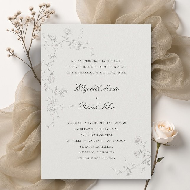 Convite Clássicas Rosas Silvestres Formais Modernas Arte E (formal wedding invitation modern classic wild roses art sketch floral calligraphy parents host ecru)