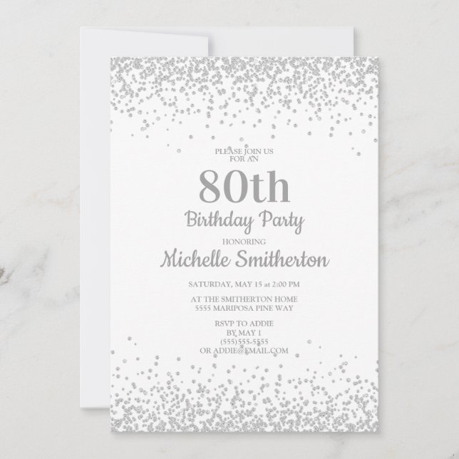 Convite Clássico Aniversário de 80 anos Branco Glitter Pra (Frente)