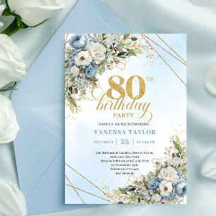 Convite Clássico Aniversário de 80 anos Elegante Azul Poei