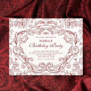 Convite Clássico aniversário floral vermelho vintage