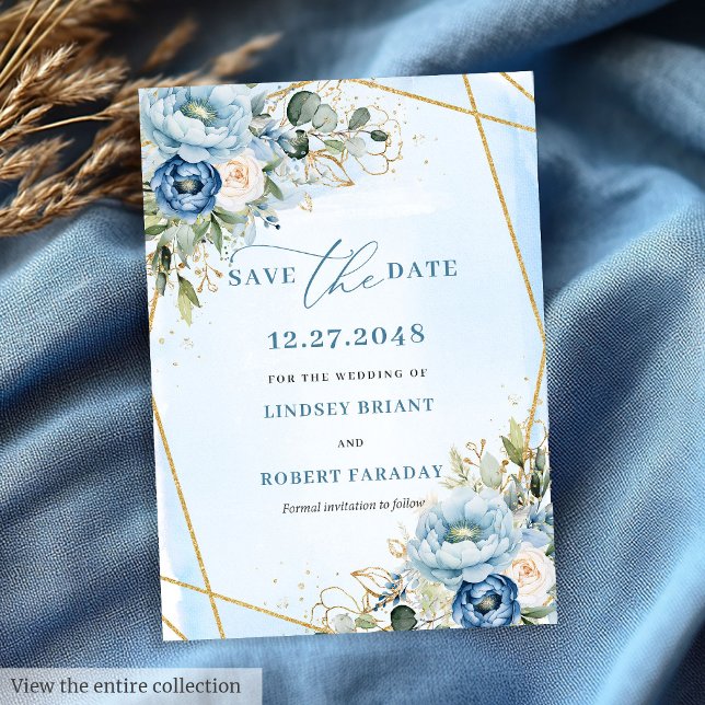 Convite Clássico, Azul, Branco Dourado, Salve a Data (Classic Dusty Blue White Gold Peonies Save The Date)