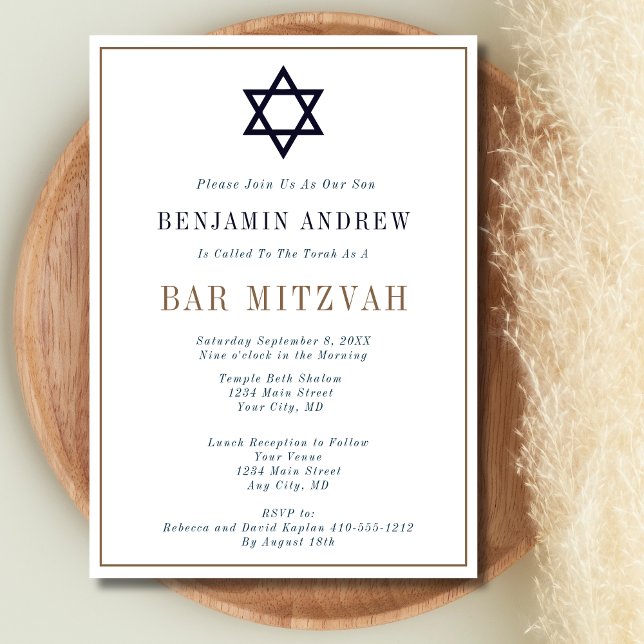 Convite Clássico Azul Marinho Barra de Ouro Estrela Bat Mi (Navy Blue Gold Jewish Star of David Bar Bat Mitzvah Invitation for son or daughter)