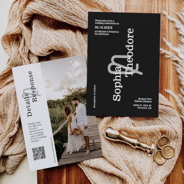 Convite Clássico Black Modern Minimamente Casado Foto do C (Criador carregado)